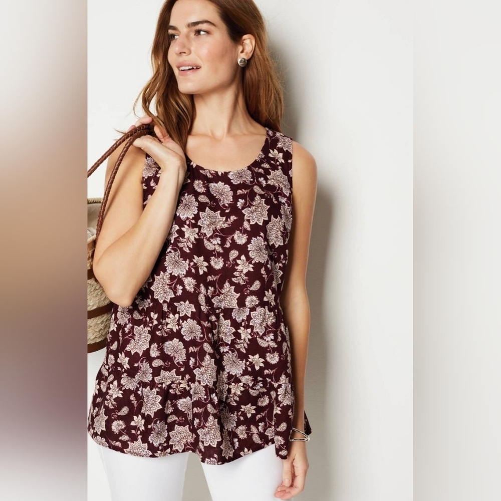 🌟 J. Jill Linen Maroon Floral Tank Top
